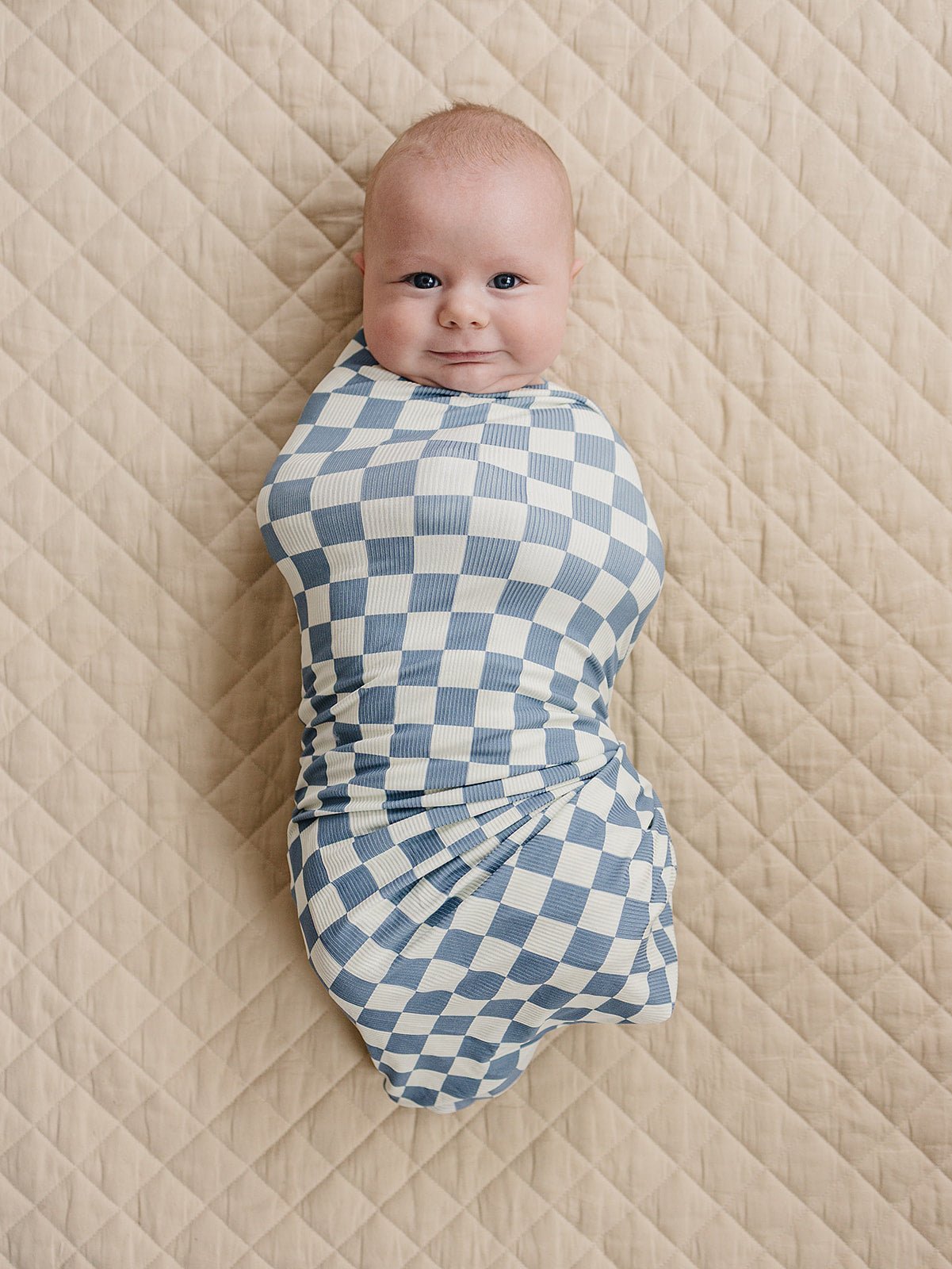 Mebie Baby Blue Checkered Ribbed Bamboo Stretch Swaddle - 