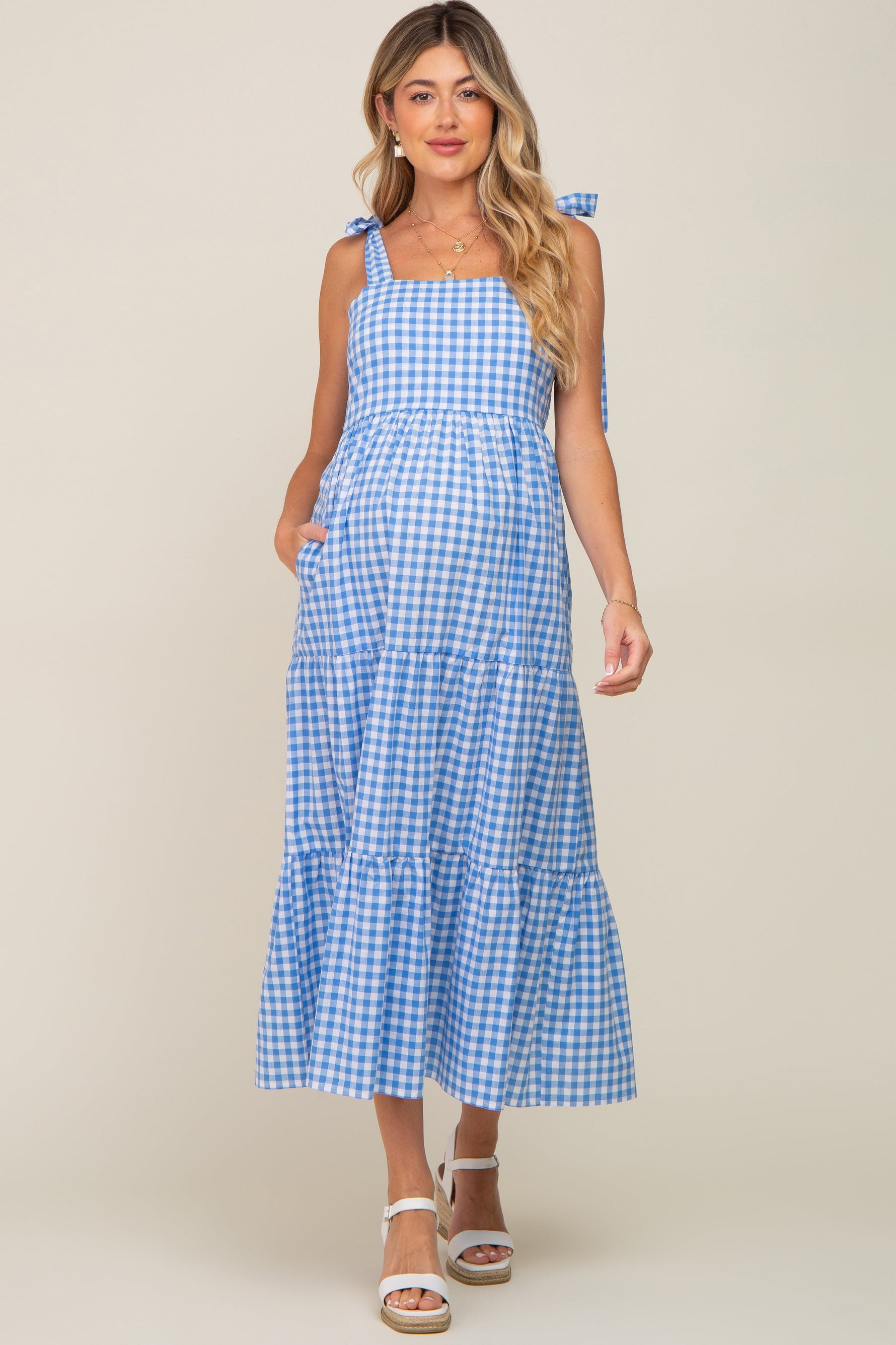 PinkBlush Blue Checkered Sleeveless Tiered Maternity Maxi DressEveretts Place