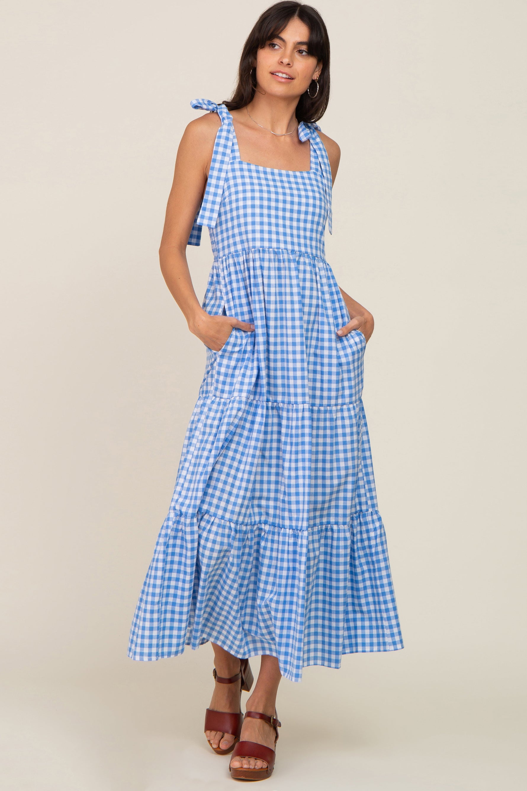 PinkBlush Blue Checkered Sleeveless Tiered Maternity Maxi DressEveretts Place