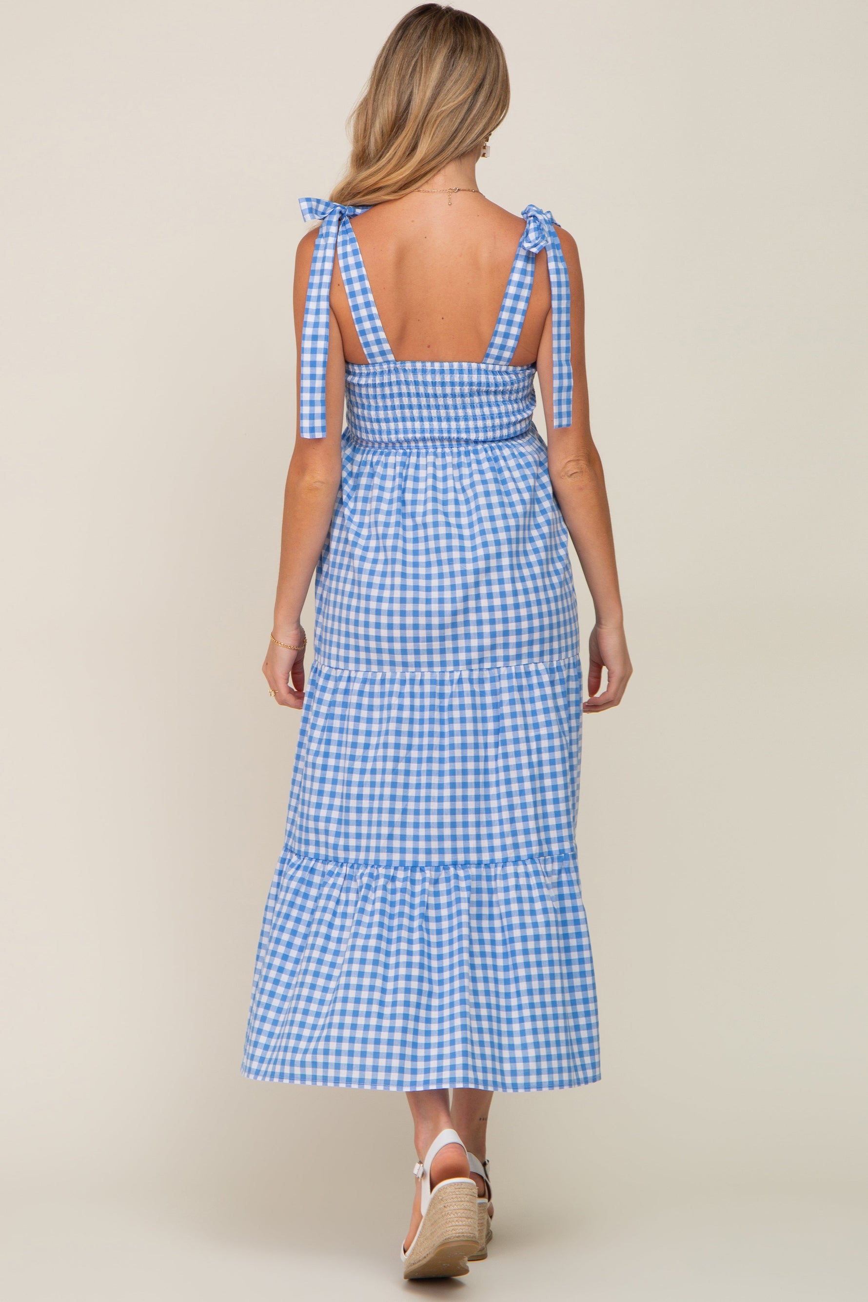 PinkBlush Blue Checkered Sleeveless Tiered Maternity Maxi DressEveretts Place
