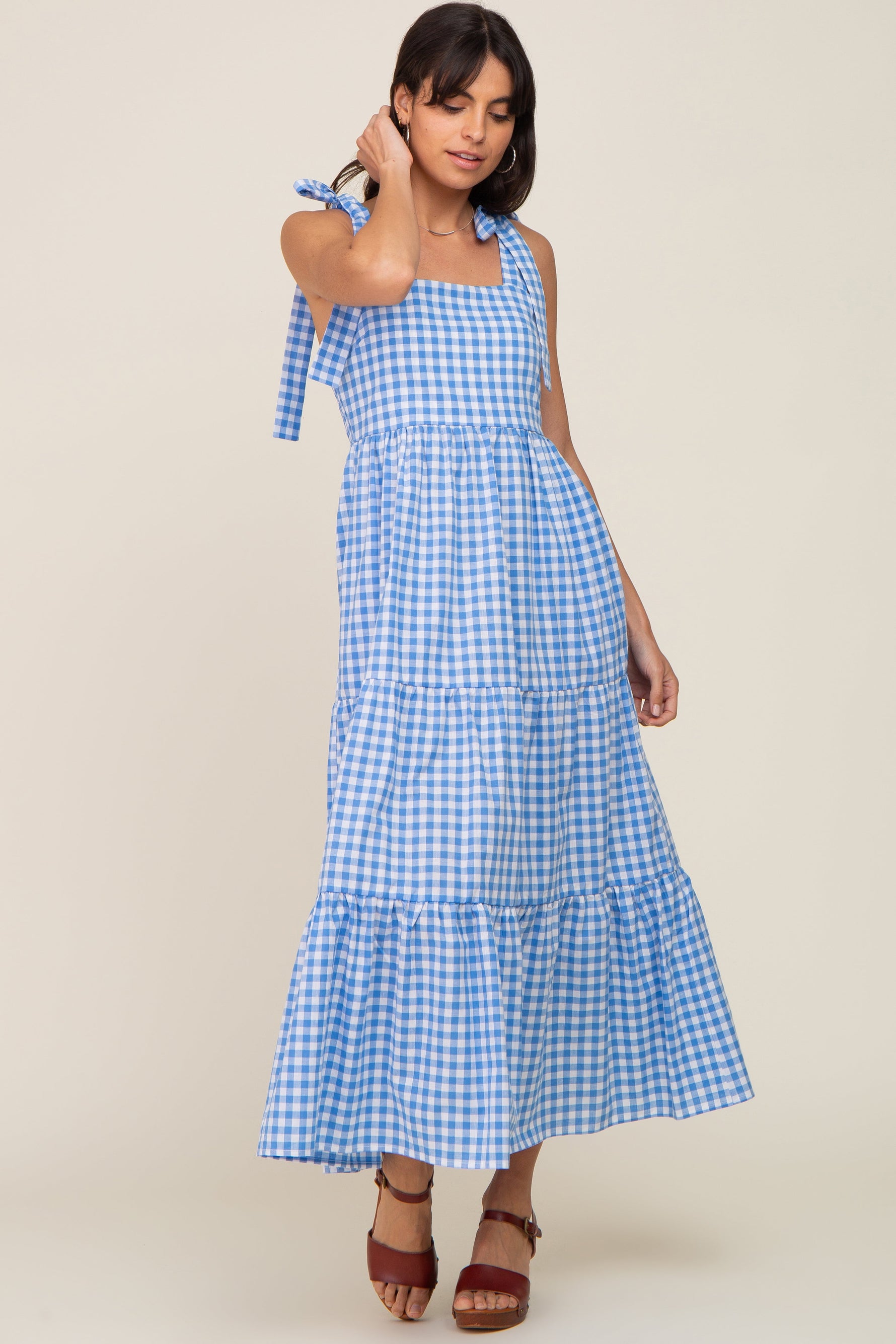 PinkBlush Blue Checkered Sleeveless Tiered Maxi DressEveretts Place