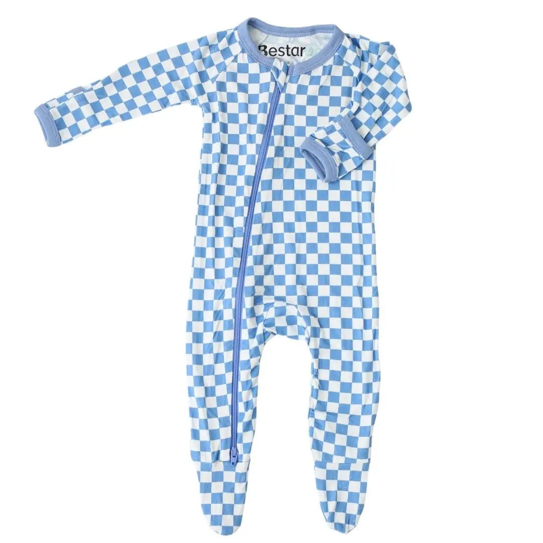 Bestaroo Blue Checkers Bamboo Baby Footie With Two Way Zip And Fold Over Mittens - 