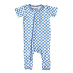 Baby coverall in blue and white checkered print with a full-length two-way zipper and long sleeves.