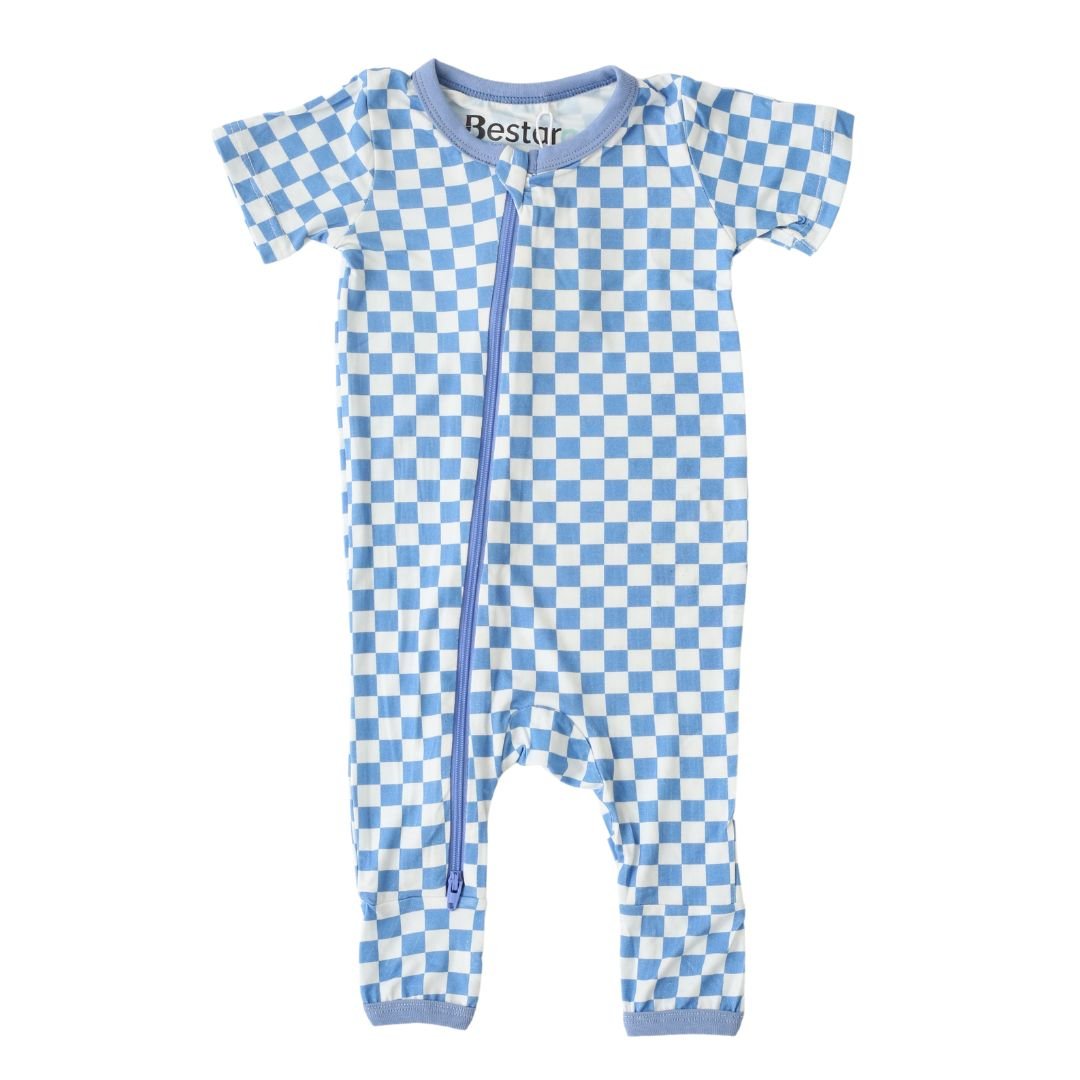 Baby coverall in blue and white checkered print with a full-length two-way zipper and long sleeves.