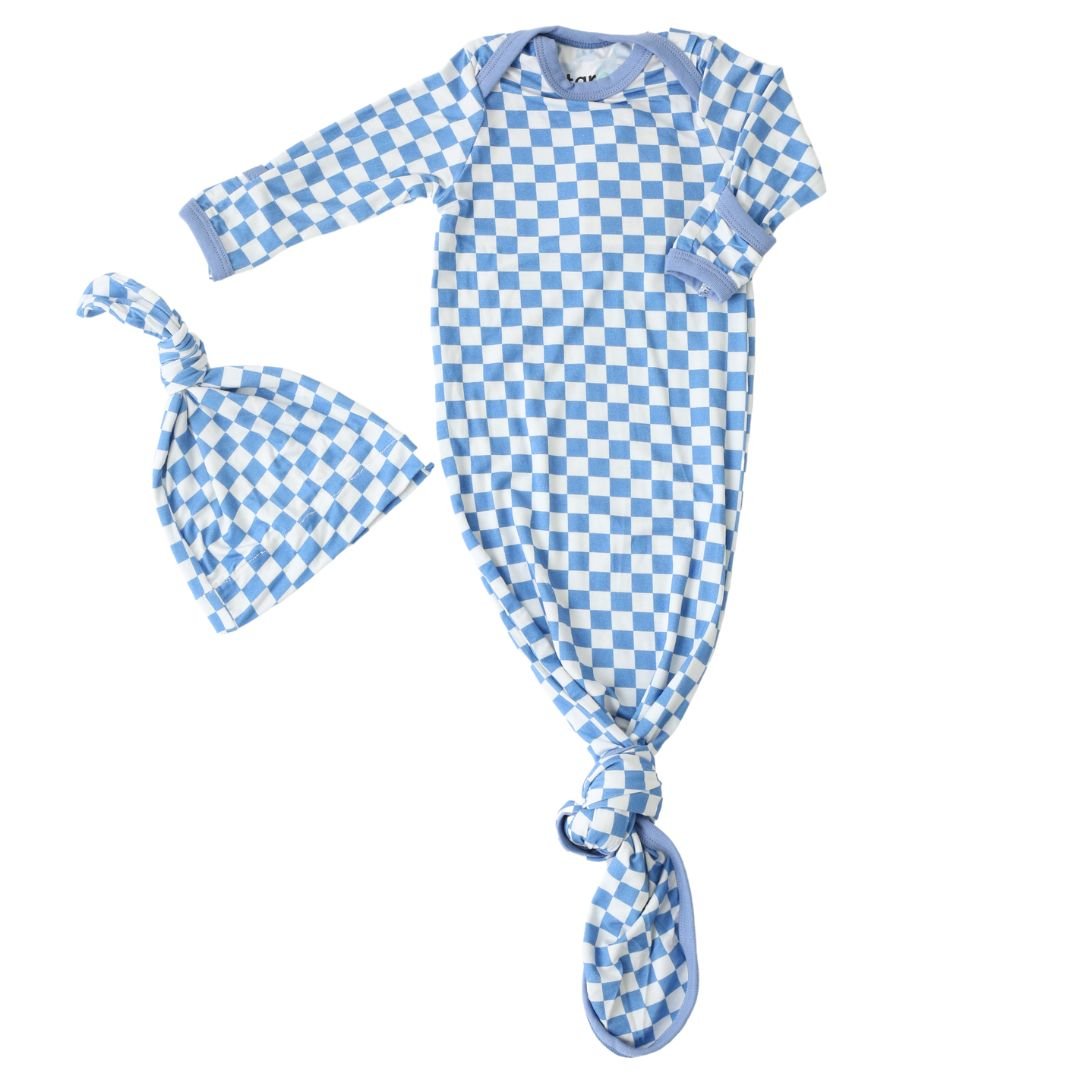 Baby gown and matching hat in a blue and white checked pattern with fold-over mittens
