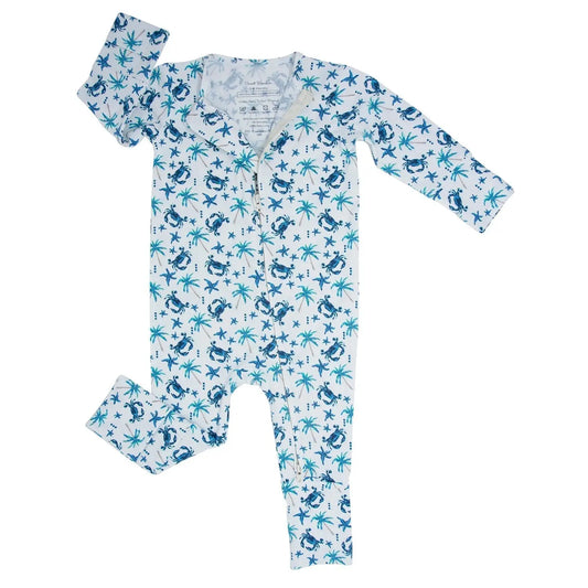 Blue Crabs Convertible Romper for Babies with Two Way Zip and Fold Over Legs Sweet Bamboo