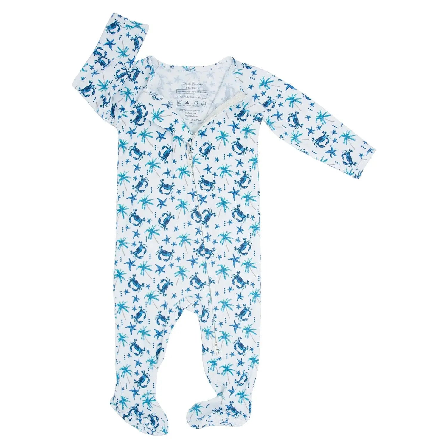 Blue Crabs Zipper Footie With 2 Way Zip And Silicone Grips Sweet Bamboo