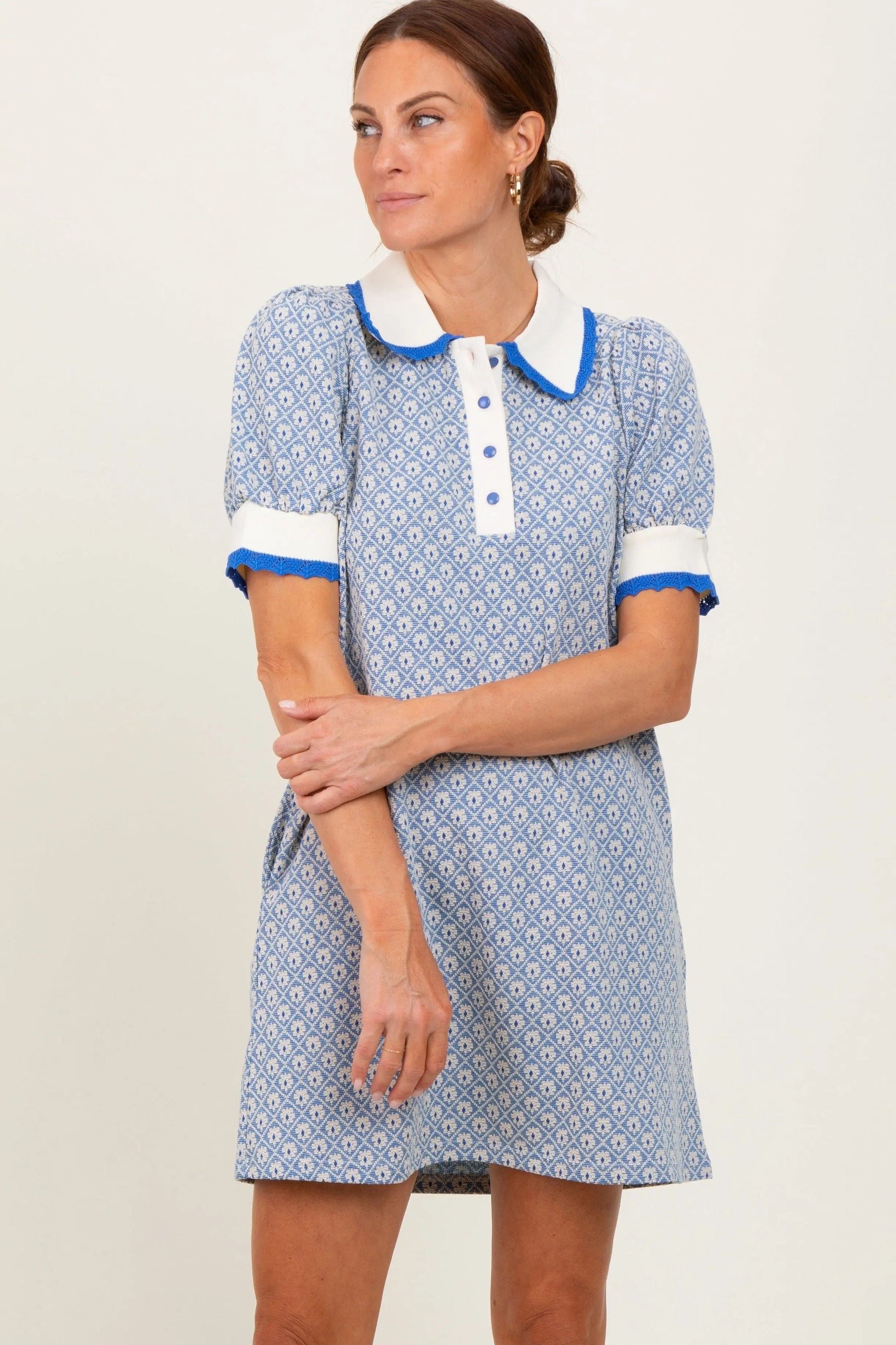 PinkBlush Blue Diamond Print Crochet Trim Polo Dress - 
