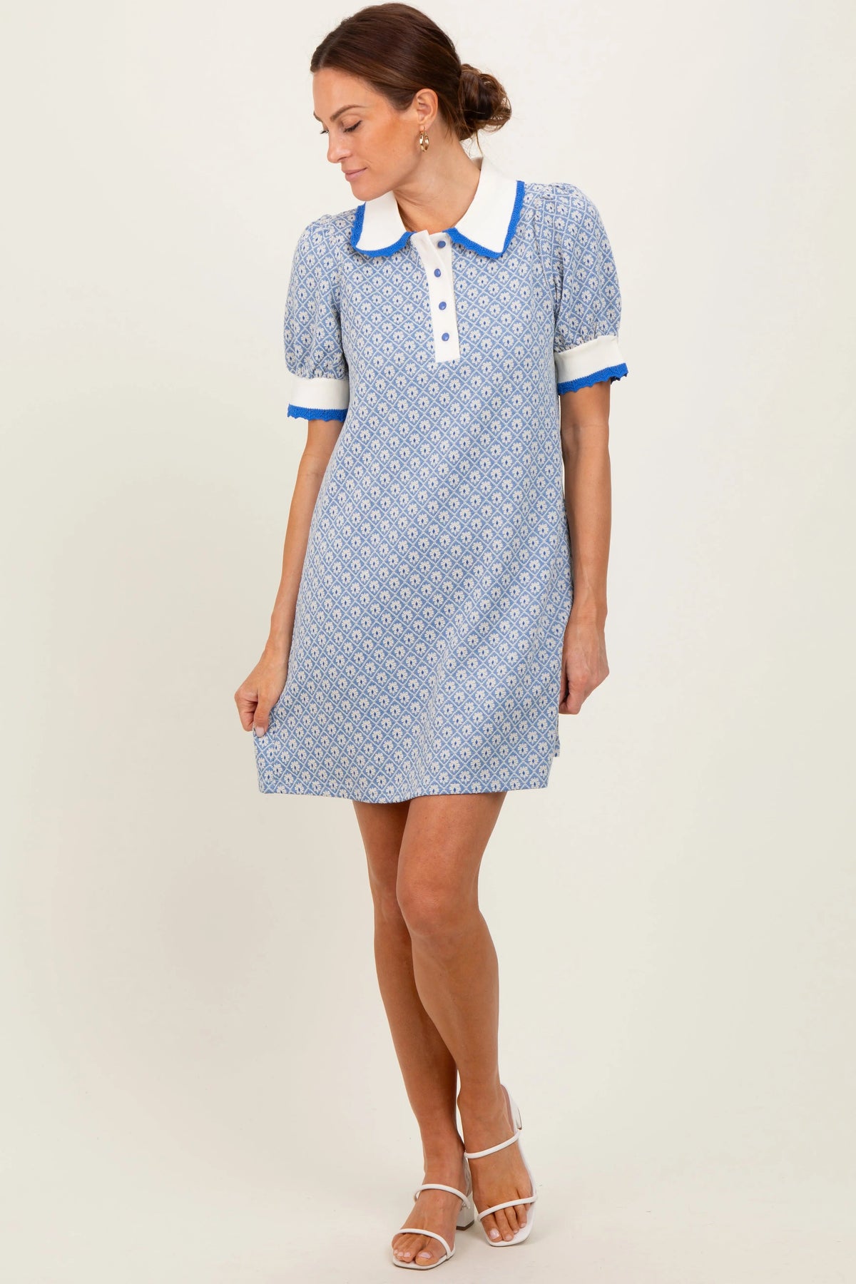 PinkBlush Blue Diamond Print Crochet Trim Polo Dress - 