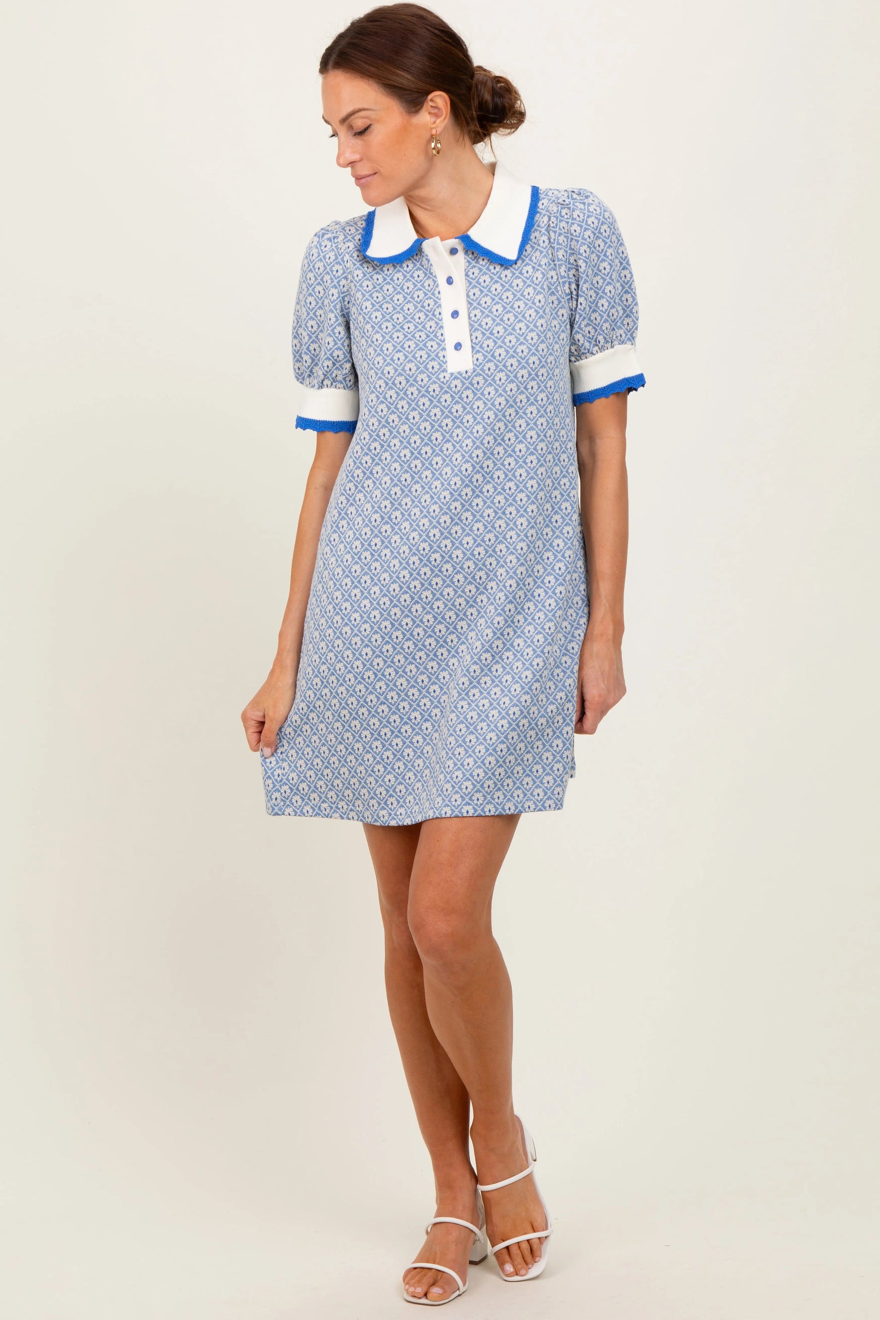 PinkBlush Blue Diamond Print Crochet Trim Polo Dress - 