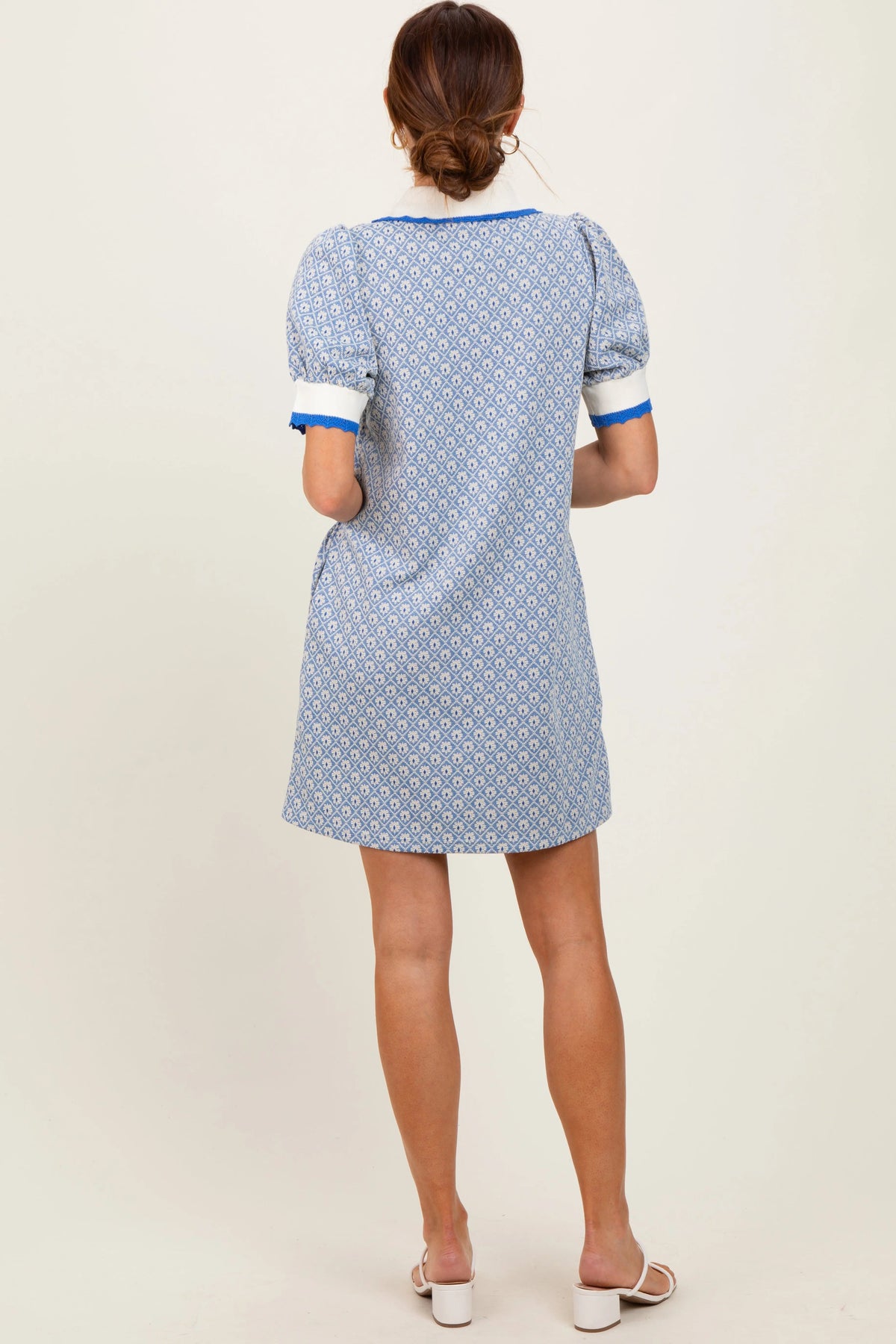 PinkBlush Blue Diamond Print Crochet Trim Polo Dress - 