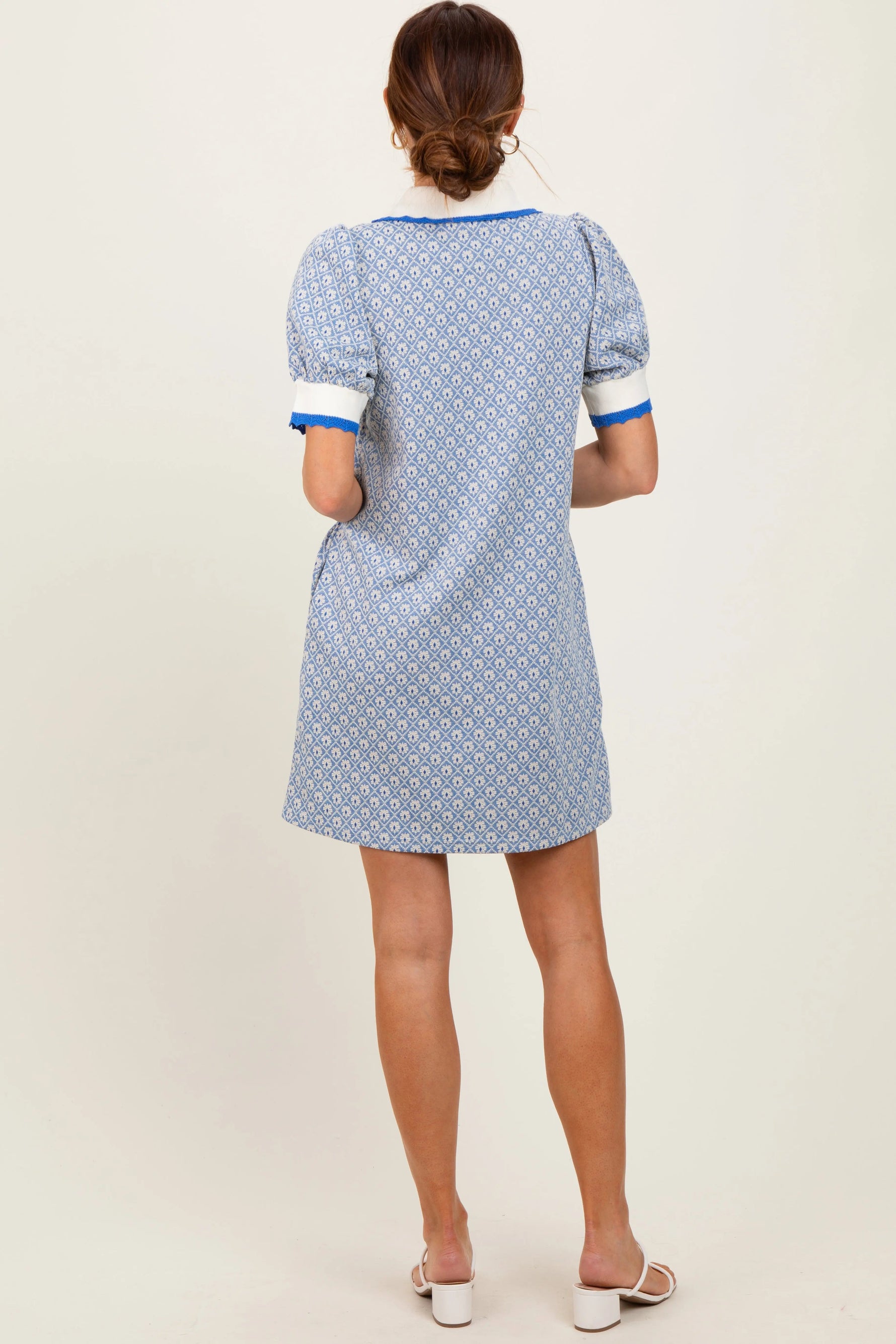 PinkBlush Blue Diamond Print Crochet Trim Polo Dress - 