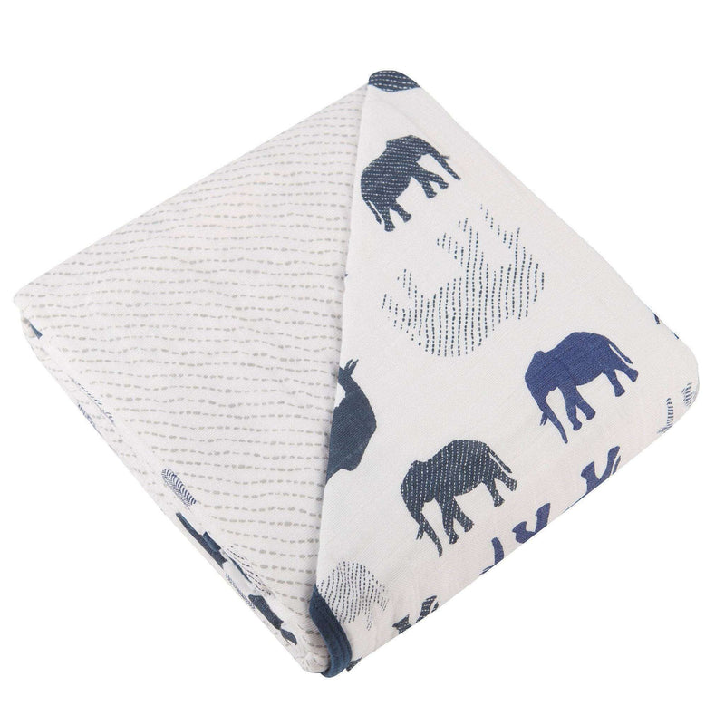 Blue Elephant and Spotted Wave Cotton Muslin Newcastle Blanket - Everetts Place: Online Boutique - Kids & Babies