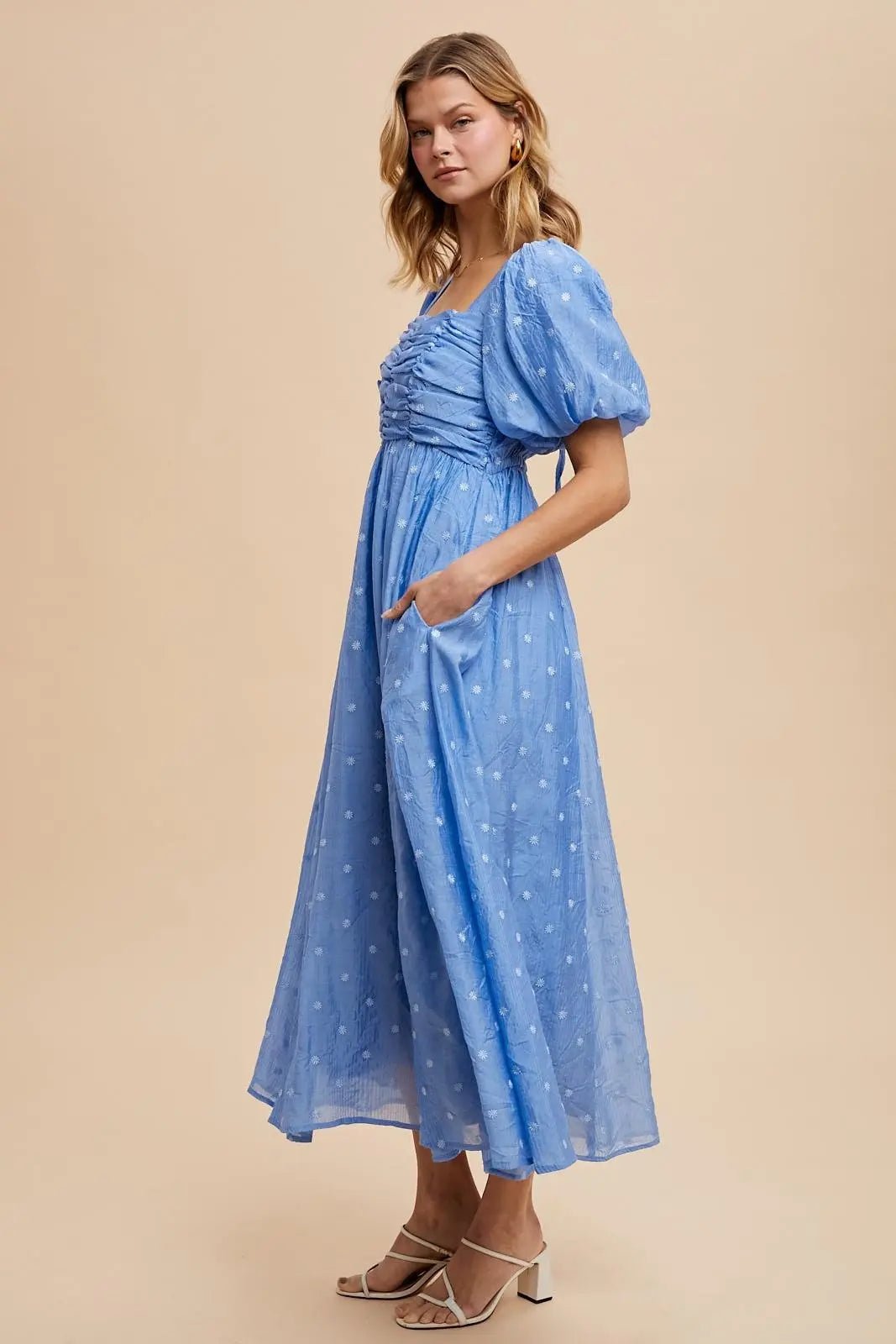 PinkBlush Blue Embroidered Shirred Puff Sleeve Maxi Dress - 