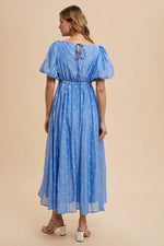PinkBlush Blue Embroidered Shirred Puff Sleeve Maxi Dress - 