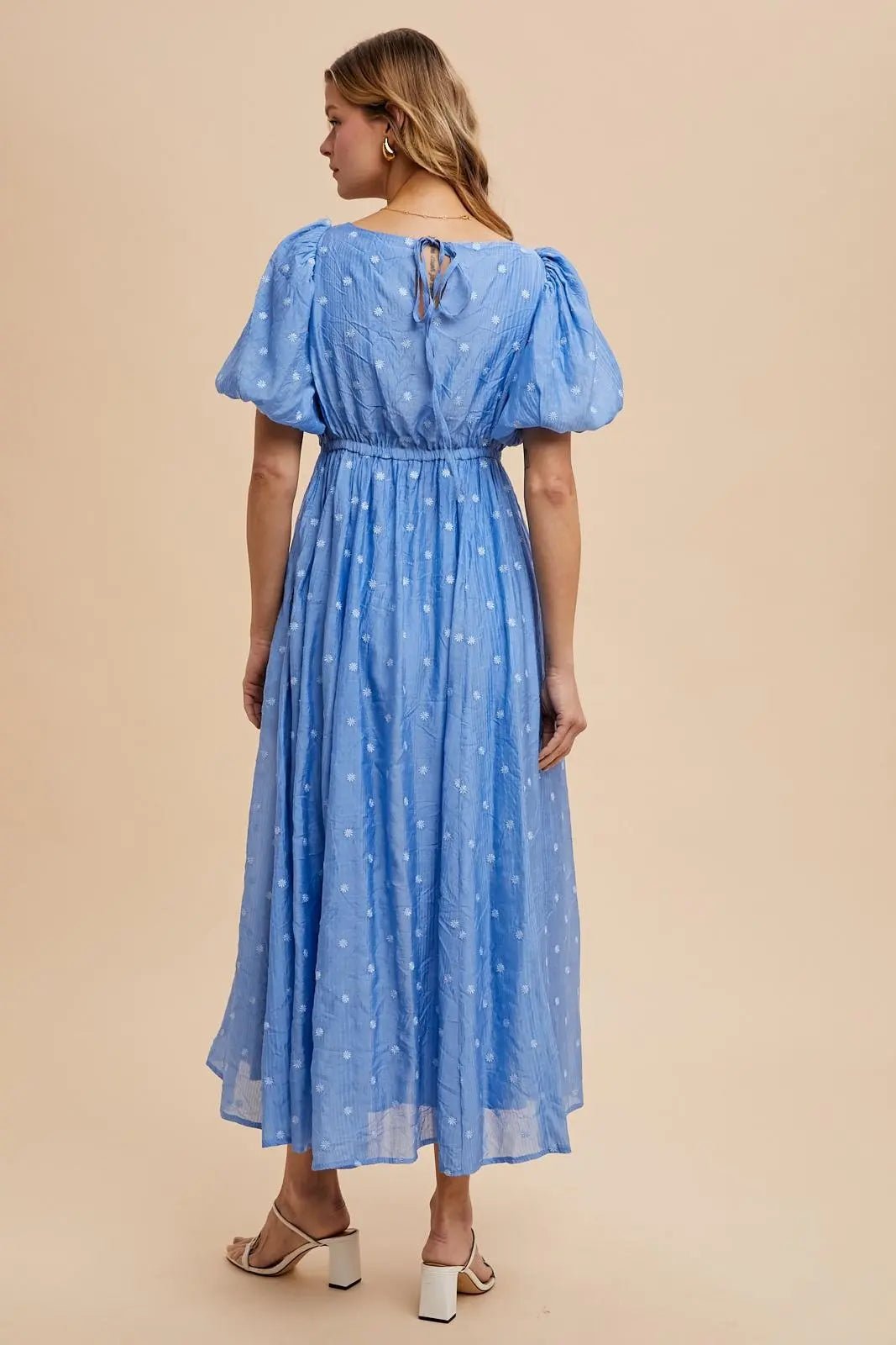 PinkBlush Blue Embroidered Shirred Puff Sleeve Maxi Dress - 