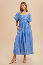 PinkBlush Blue Embroidered Shirred Puff Sleeve Maxi Dress - 