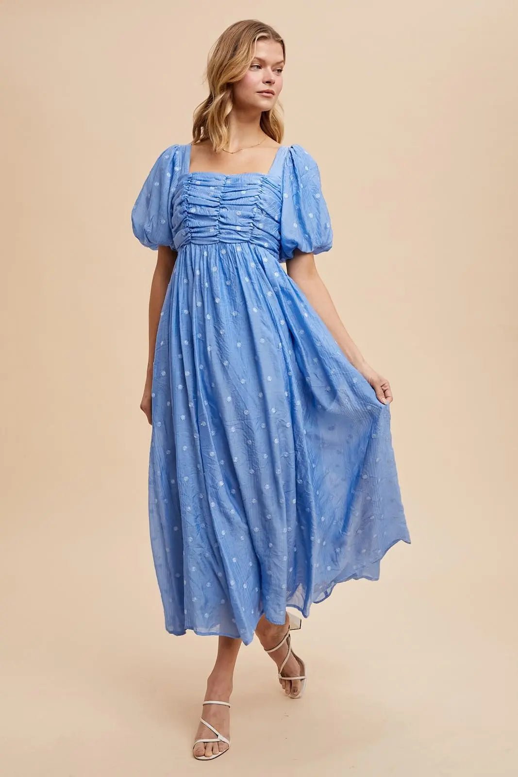 PinkBlush Blue Embroidered Shirred Puff Sleeve Maxi Dress - 