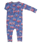 Sweet Bamboo Blue Fire Truck Convertible Romper with Two Way Zip for Babies - 