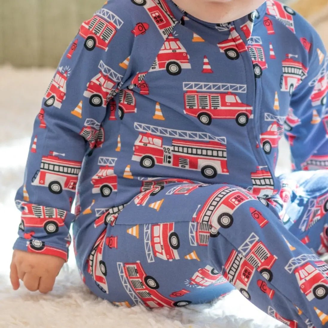 Sweet Bamboo Blue Fire Truck Footie with Two Way Zip and Fold Over Cuffs for Babies - 