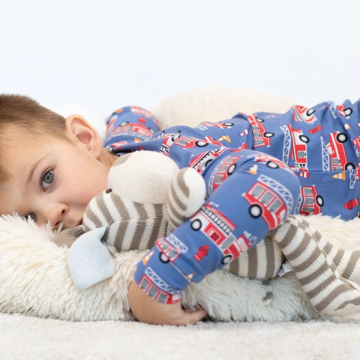 Sweet Bamboo Blue Fire Truck Pajama Set with Comfortable Long Sleeves for Big Kids - 