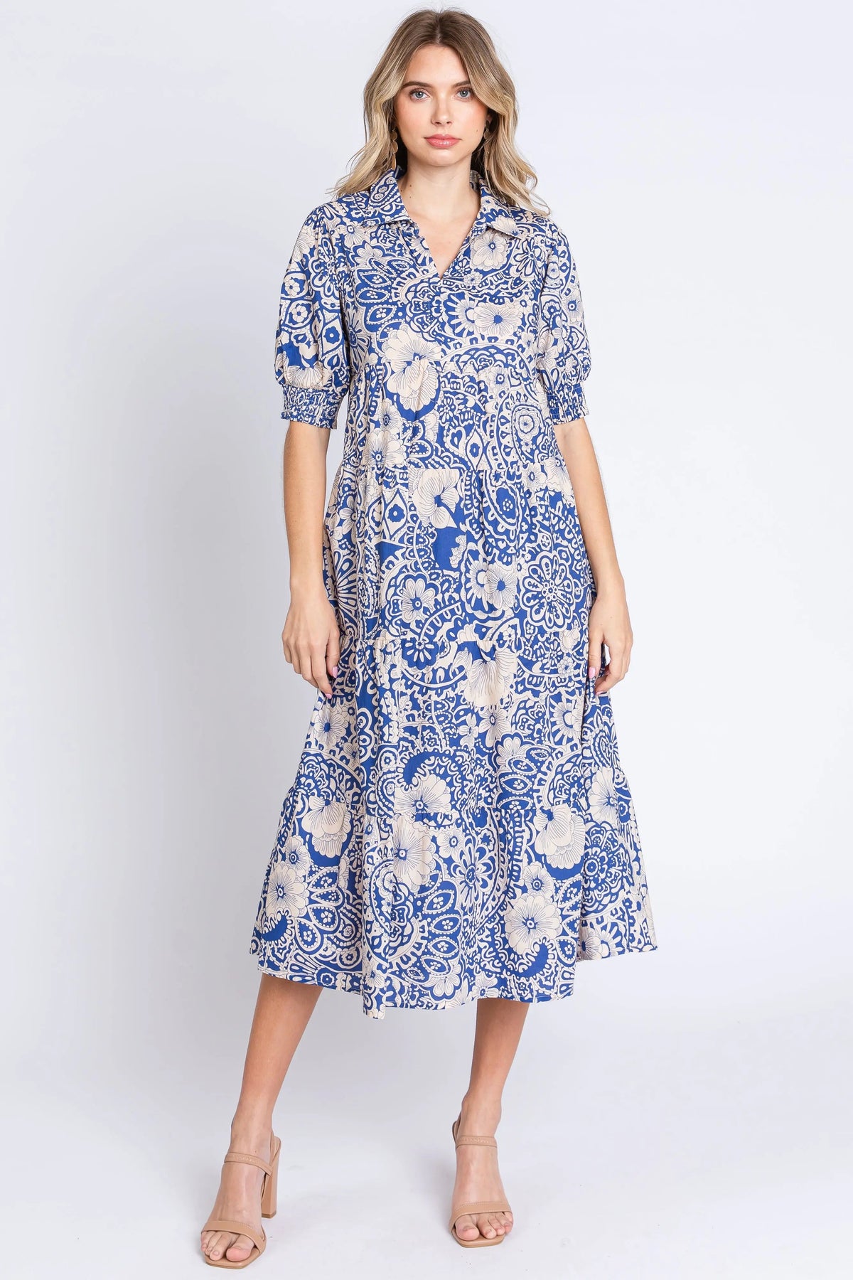 PinkBlush Blue Floral Collared Tiered Maternity Midi Dress - 