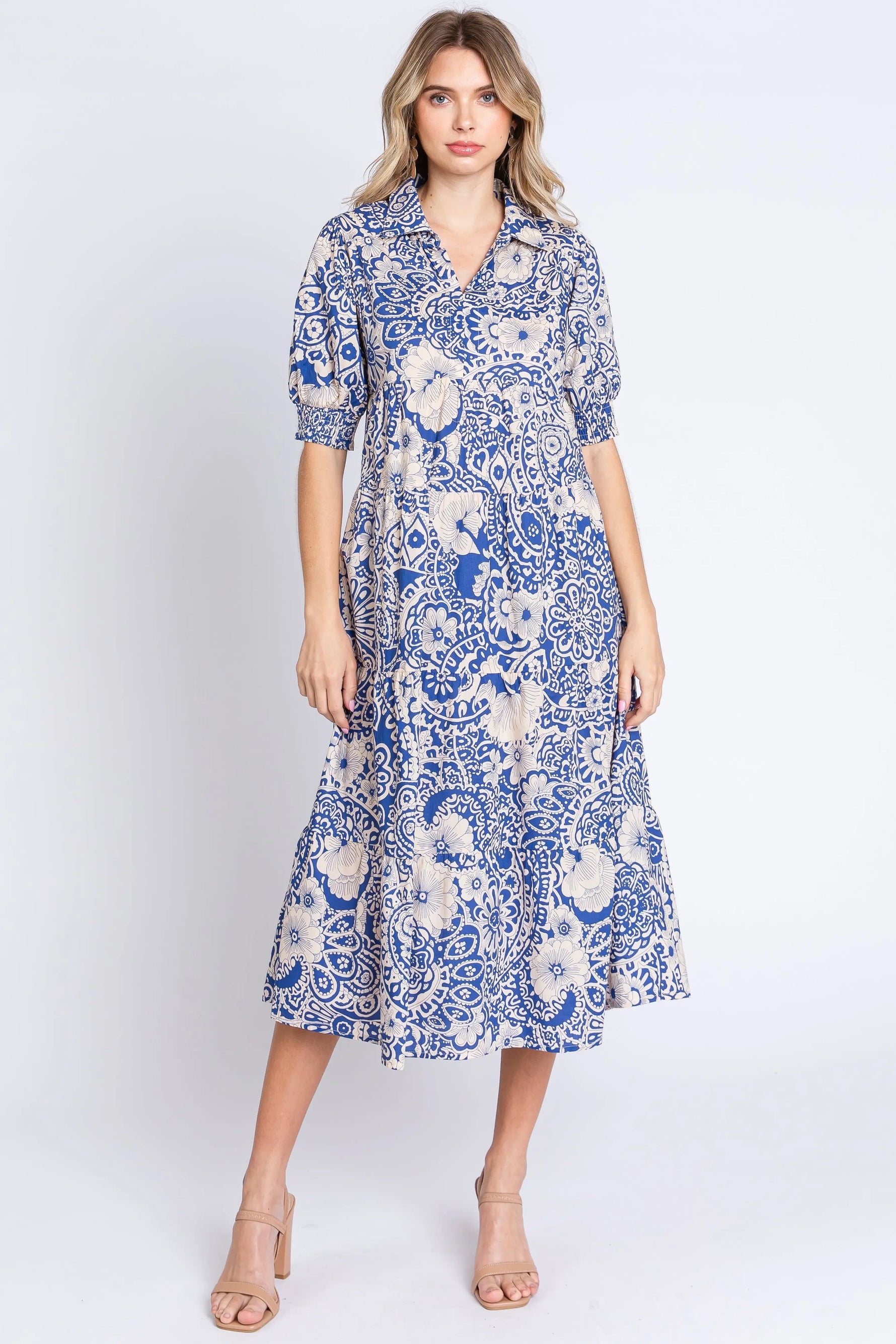 PinkBlush Blue Floral Collared Tiered Maternity Midi Dress - 