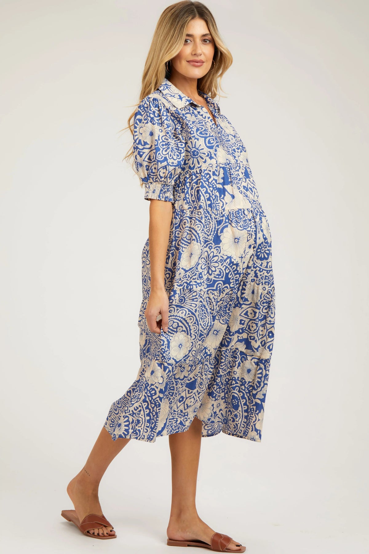 PinkBlush Blue Floral Collared Tiered Maternity Midi Dress - 