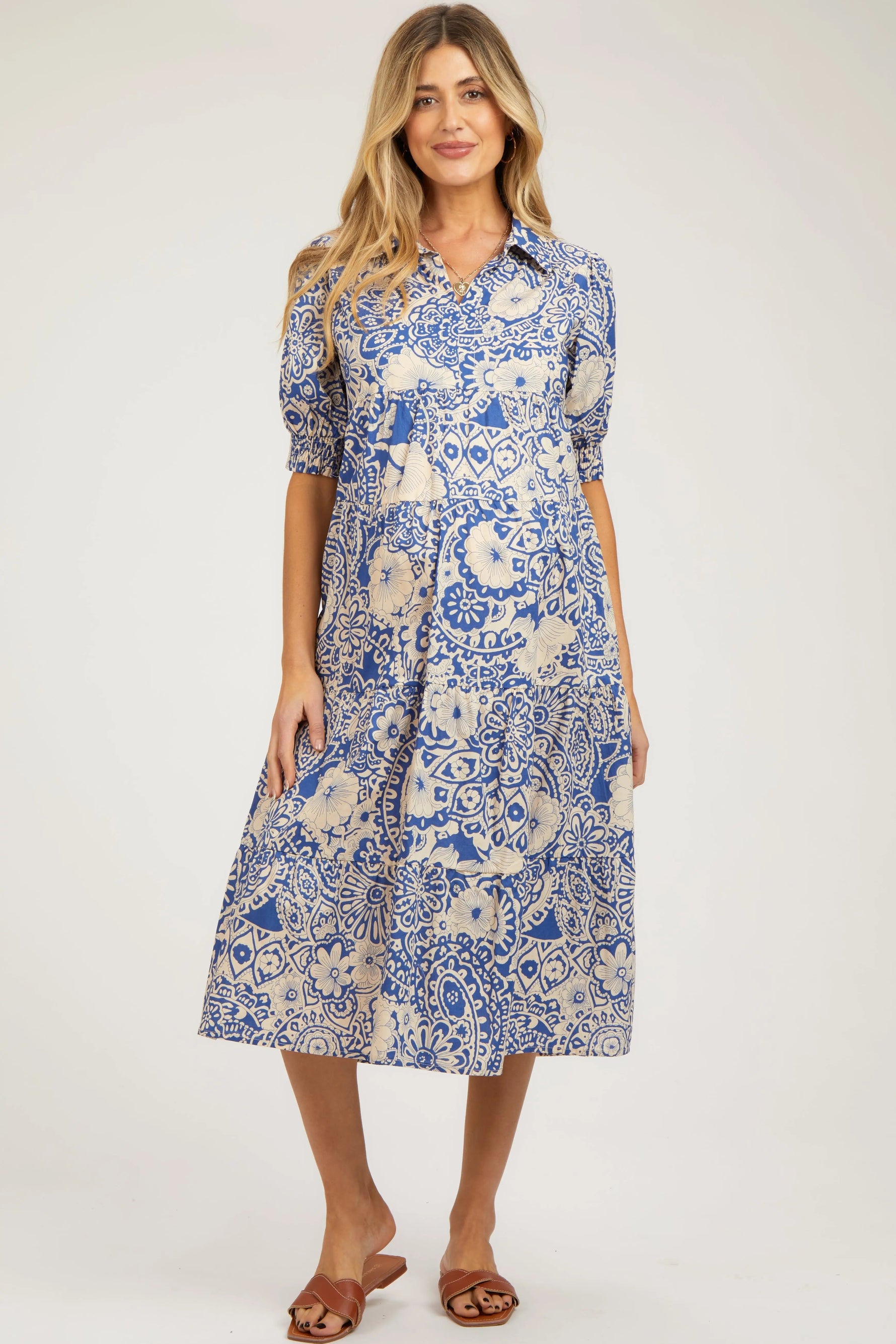 PinkBlush Blue Floral Collared Tiered Maternity Midi Dress - 