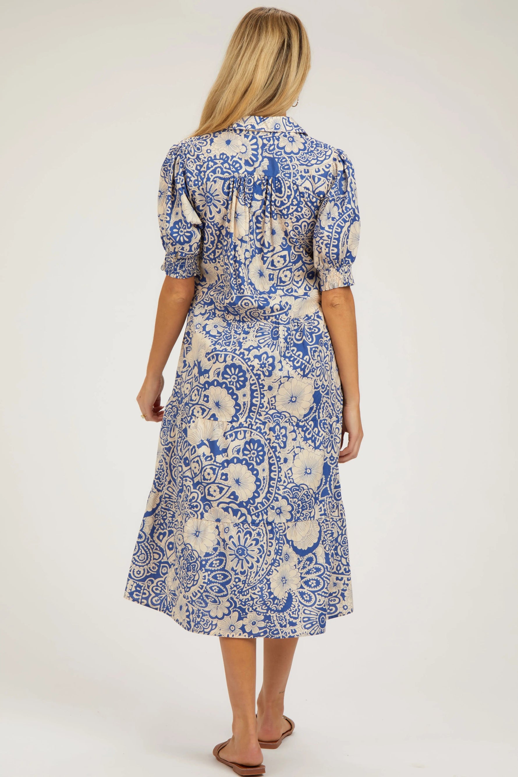 PinkBlush Blue Floral Collared Tiered Maternity Midi Dress - 