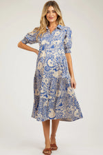 PinkBlush Blue Floral Collared Tiered Maternity Midi Dress - 