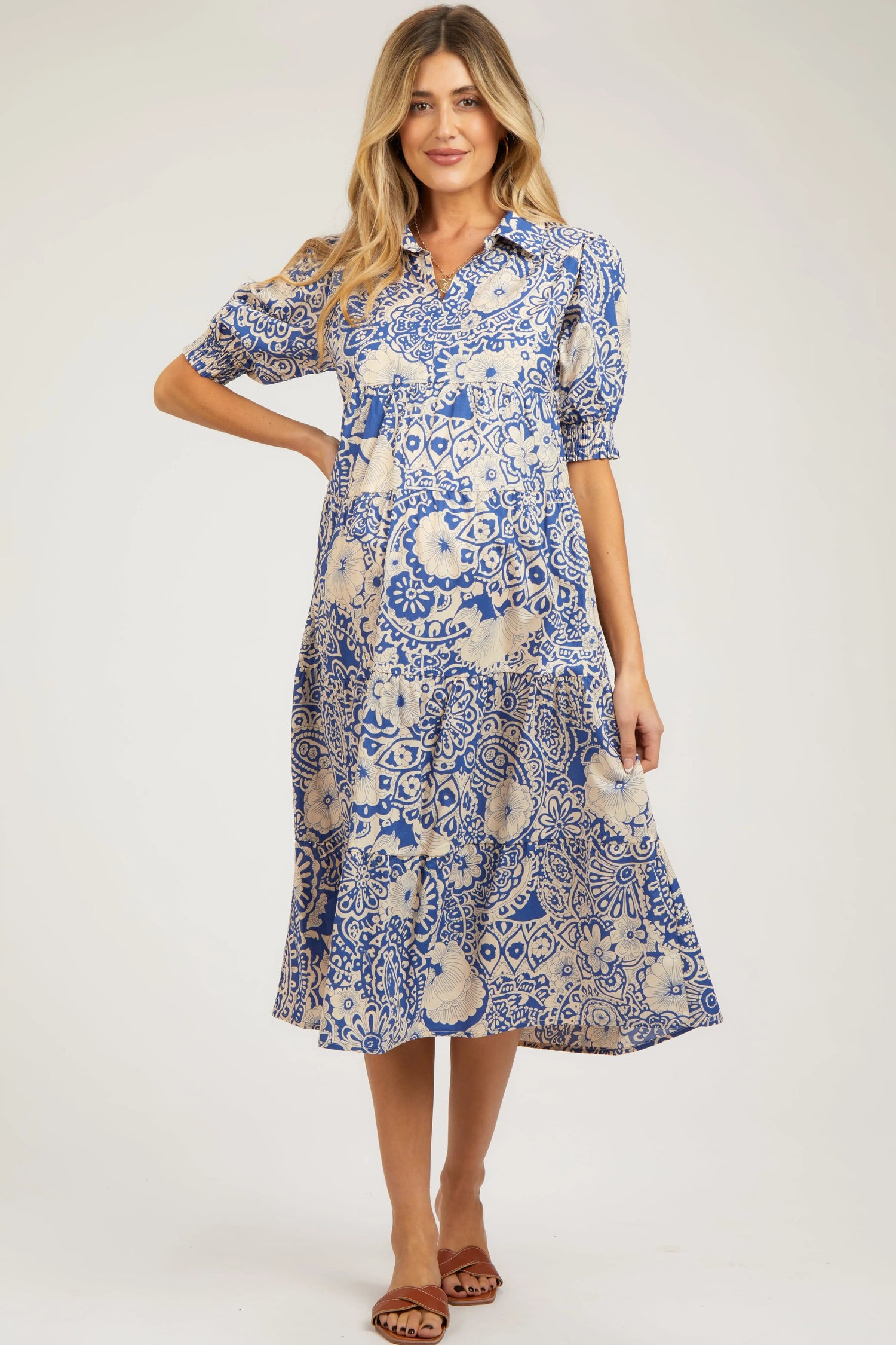 PinkBlush Blue Floral Collared Tiered Maternity Midi Dress - 