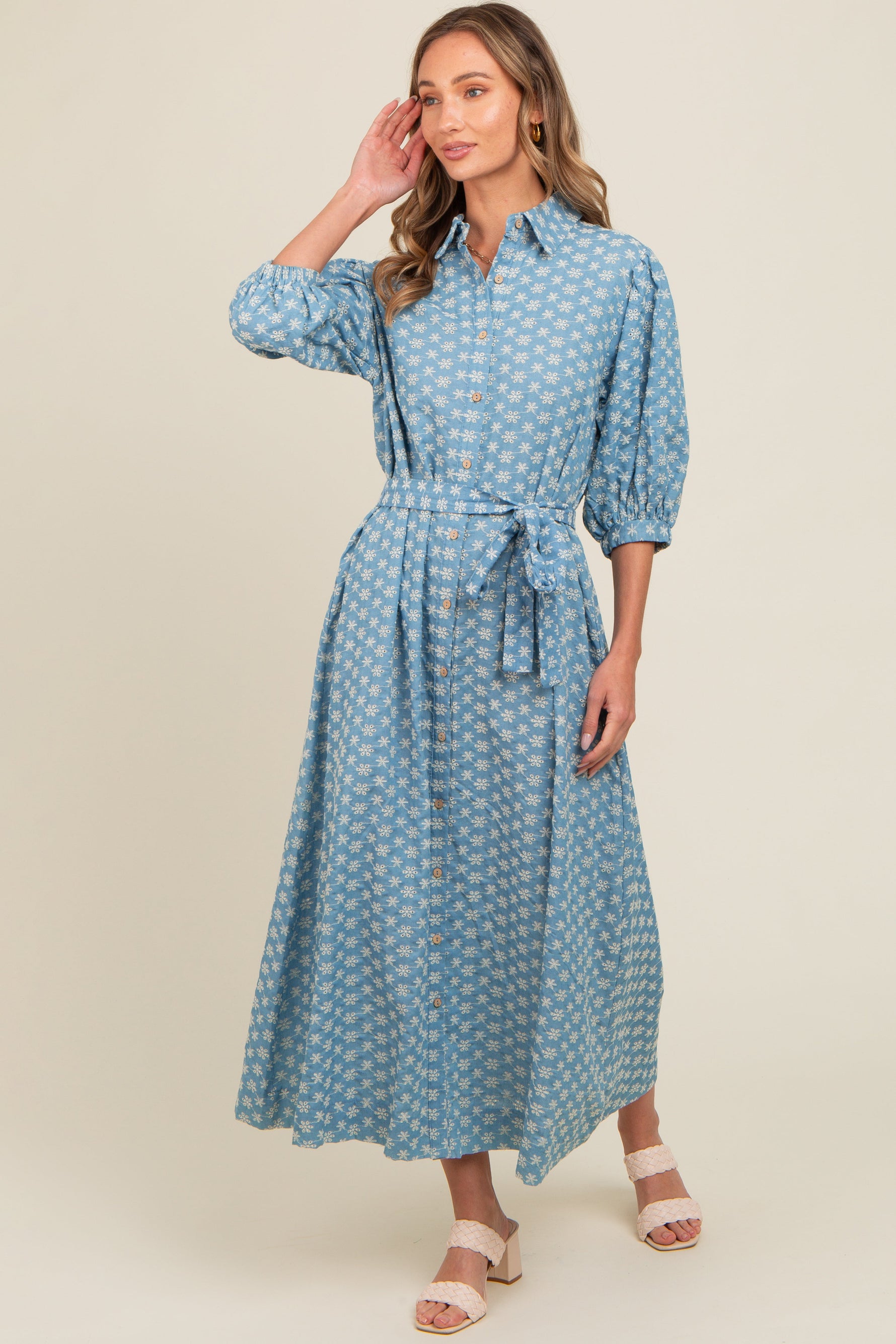 PinkBlush Blue Floral Embroidered Button Down Chambray Maternity Maxi Dress - 