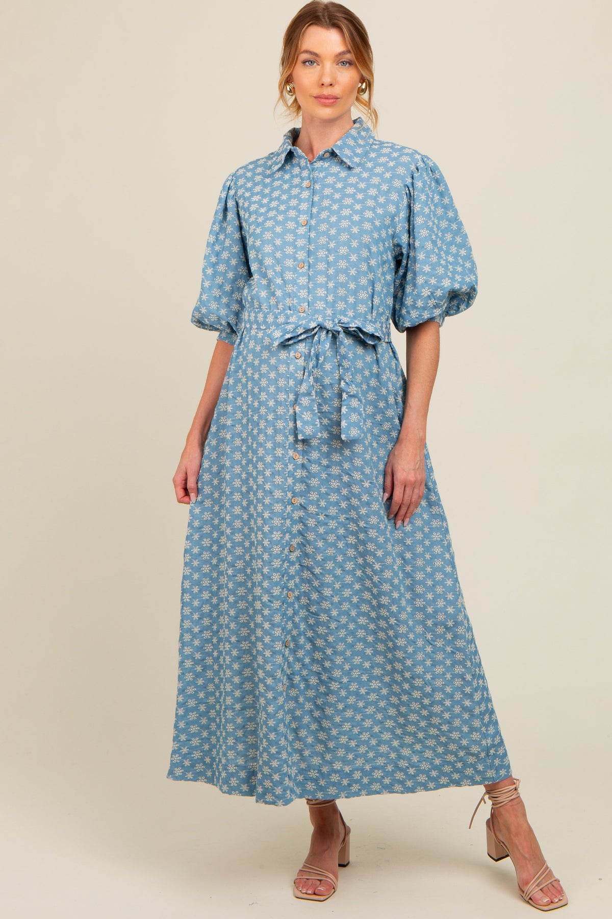 PinkBlush Blue Floral Embroidered Button Down Chambray Maternity Maxi Dress - 