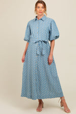PinkBlush Blue Floral Embroidered Button Down Chambray Maternity Maxi Dress - 