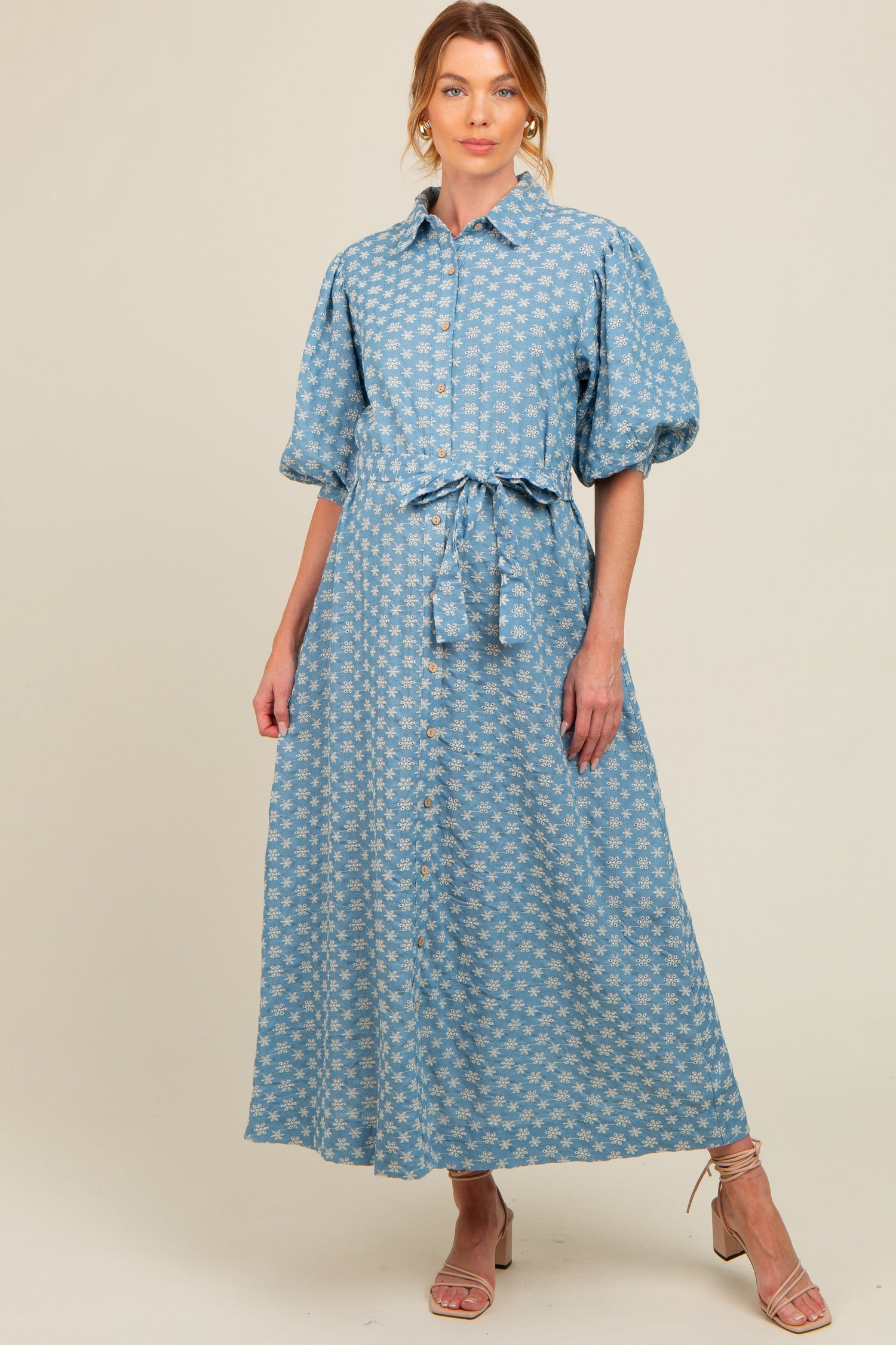PinkBlush Blue Floral Embroidered Button Down Chambray Maternity Maxi Dress - 