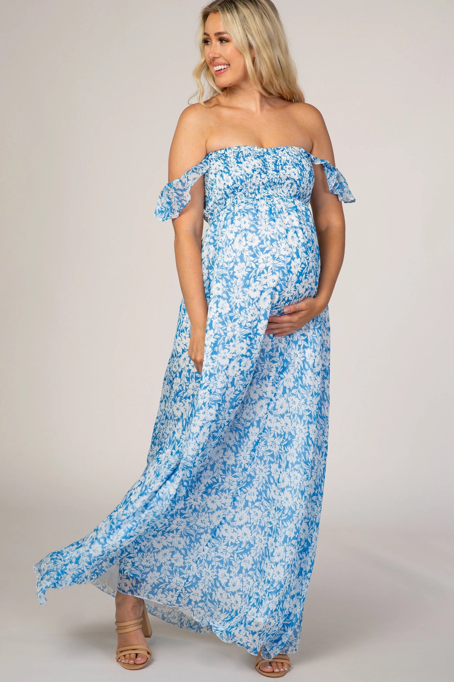 PinkBlush Blue Floral Flutter Sleeve Maternity Maxi Dress - 