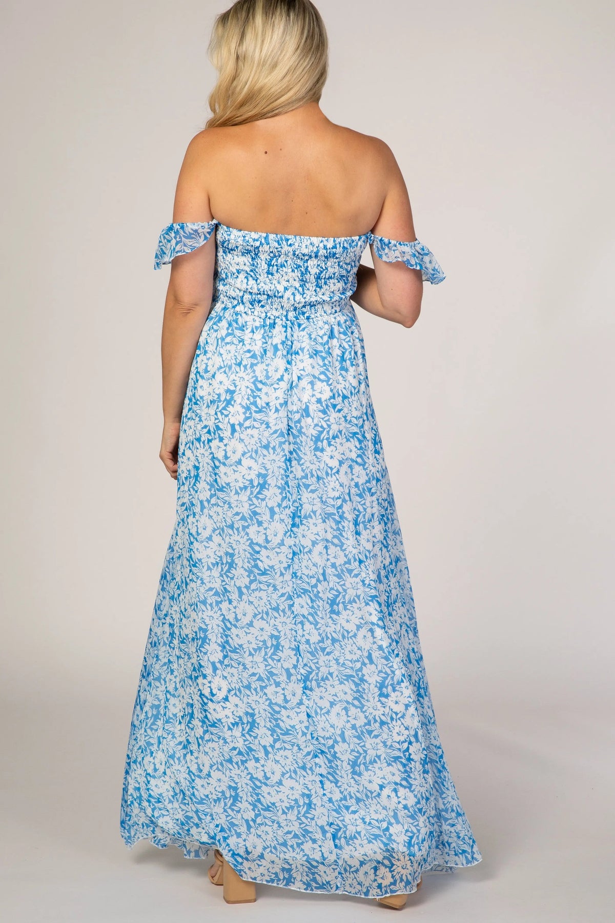 PinkBlush Blue Floral Flutter Sleeve Maternity Maxi Dress - 