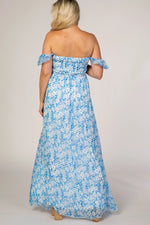 PinkBlush Blue Floral Flutter Sleeve Maternity Maxi Dress - 