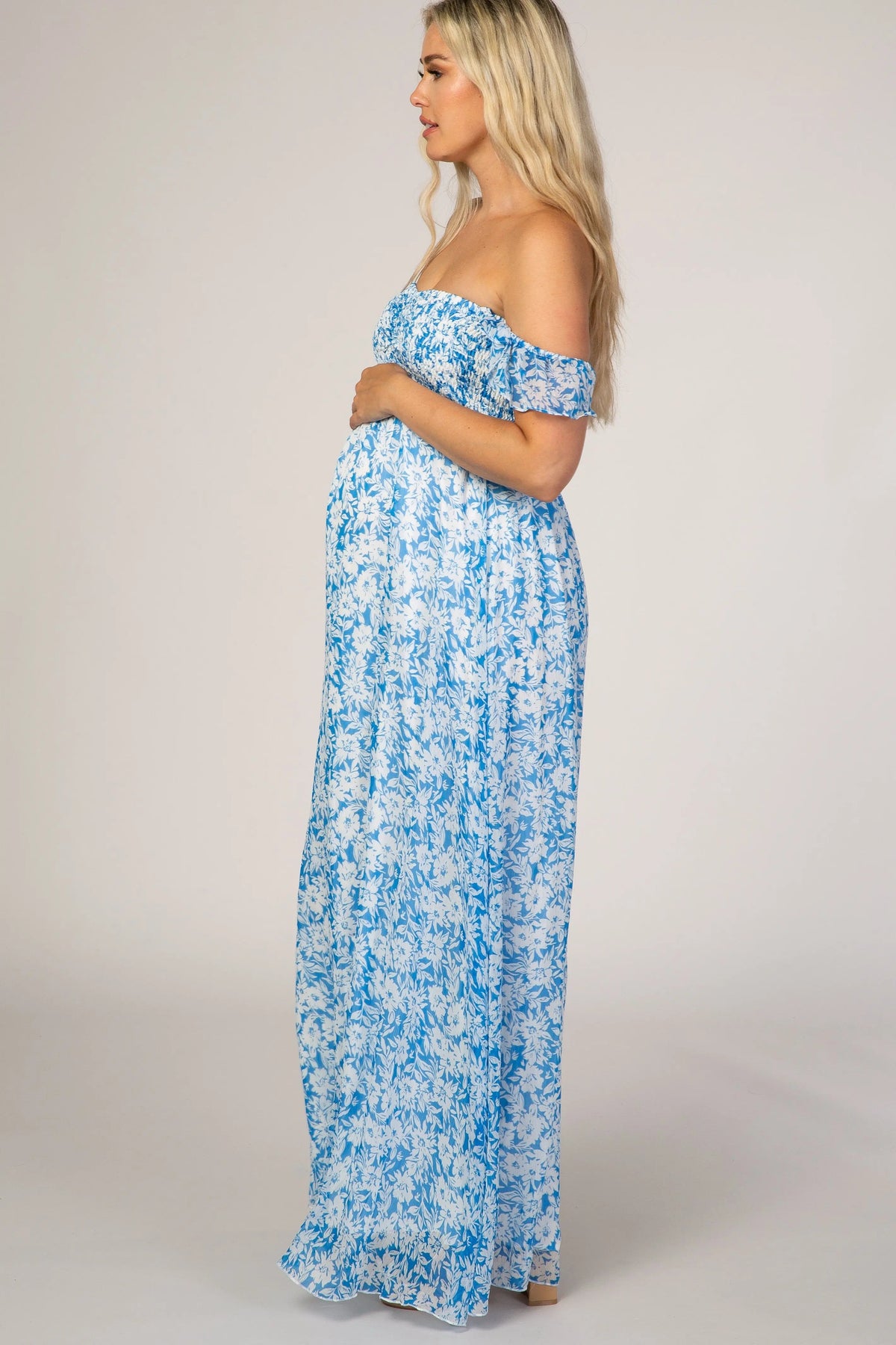 PinkBlush Blue Floral Flutter Sleeve Maternity Maxi Dress - 