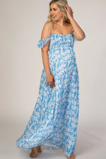 PinkBlush Blue Floral Flutter Sleeve Maternity Maxi Dress - 