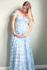 PinkBlush Blue Floral Flutter Sleeve Maternity Maxi Dress - 