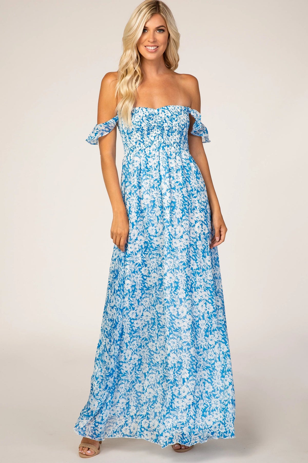 PinkBlush Blue Floral Flutter Sleeve Maxi Dress - 