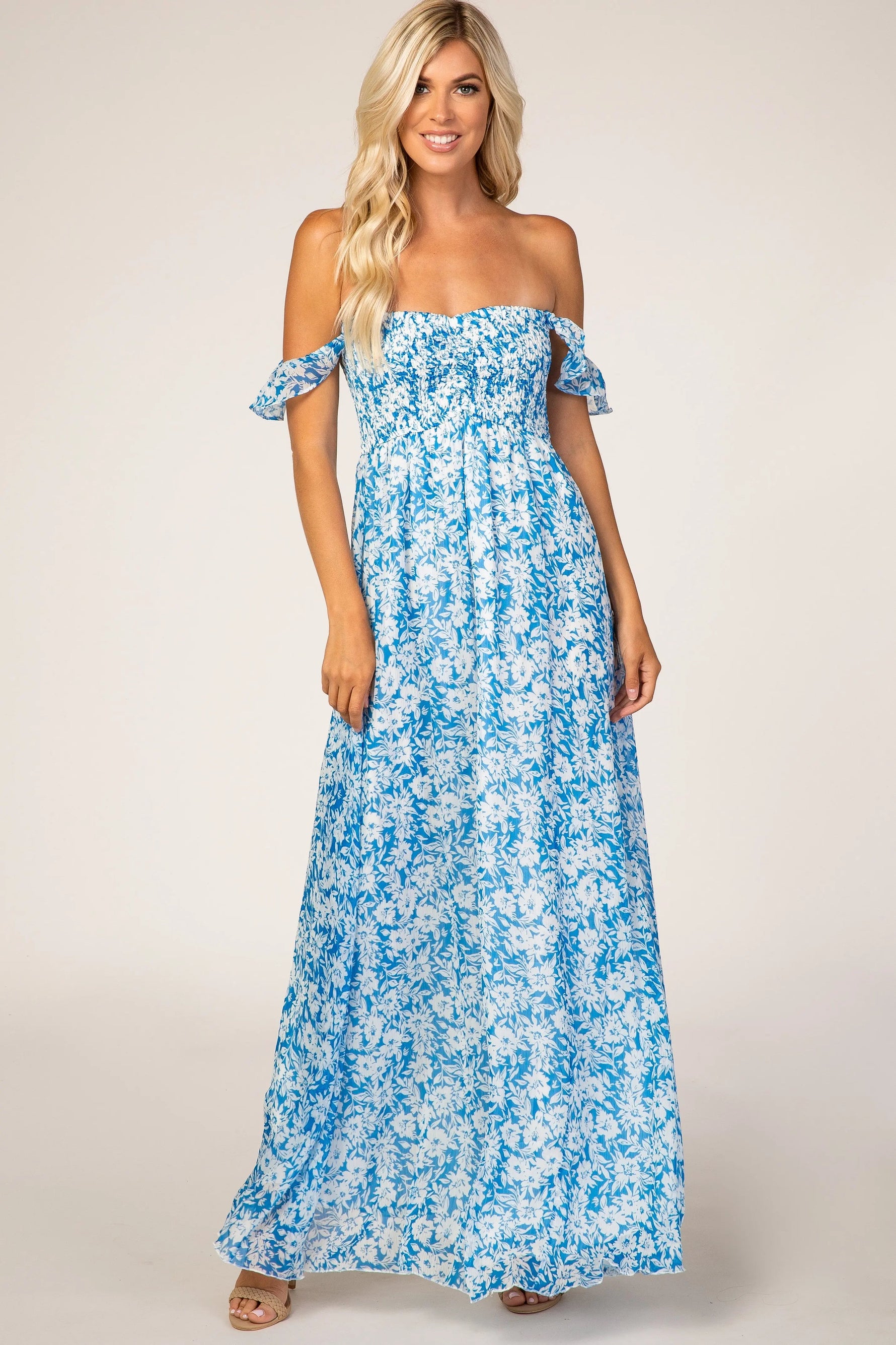PinkBlush Blue Floral Flutter Sleeve Maxi Dress - 