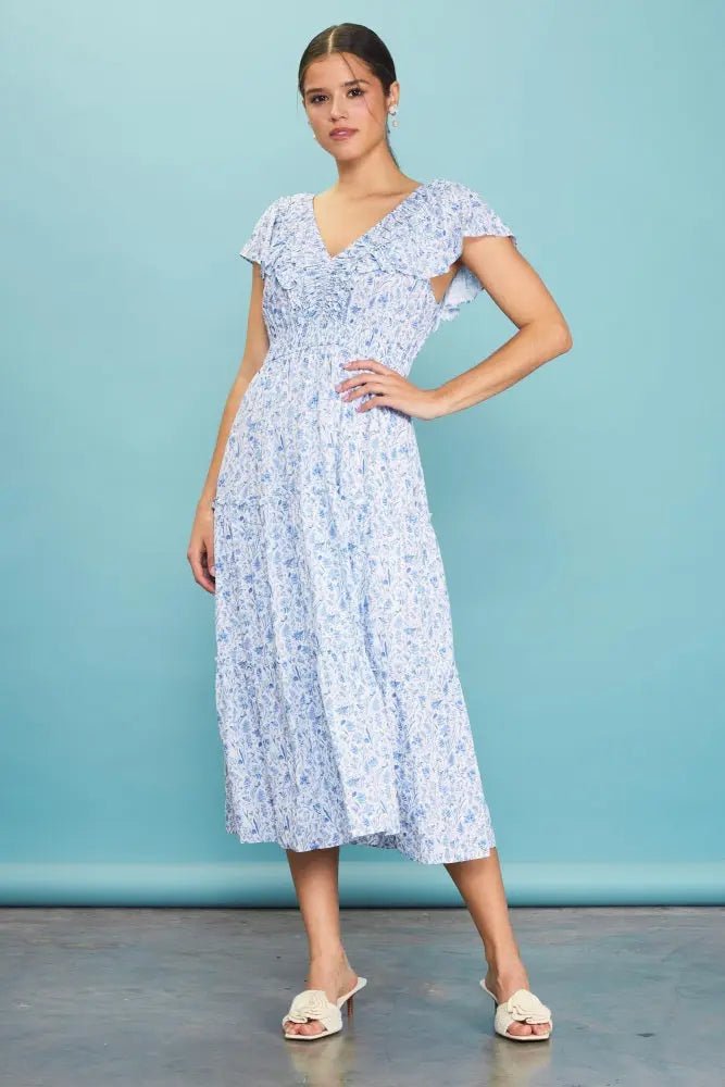 PinkBlush Blue Floral Front Ruched Ruffle Shoulder Tiered Maternity Midi Dress - 