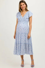 PinkBlush Blue Floral Front Ruched Ruffle Shoulder Tiered Maternity Midi Dress - 