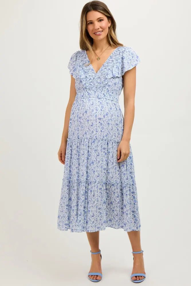 PinkBlush Blue Floral Front Ruched Ruffle Shoulder Tiered Maternity Midi Dress - 