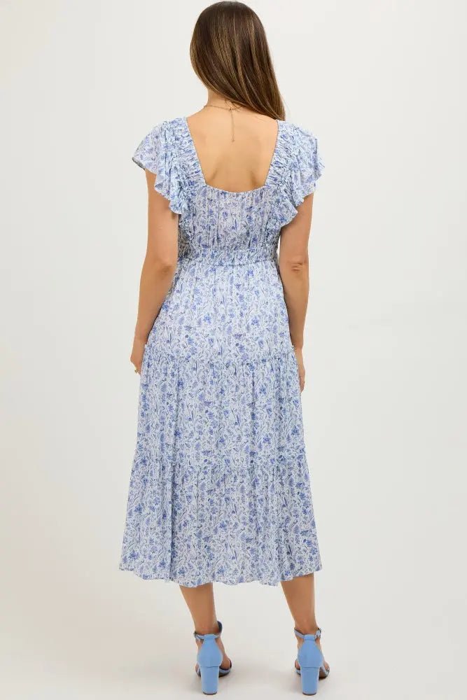 PinkBlush Blue Floral Front Ruched Ruffle Shoulder Tiered Maternity Midi Dress - 