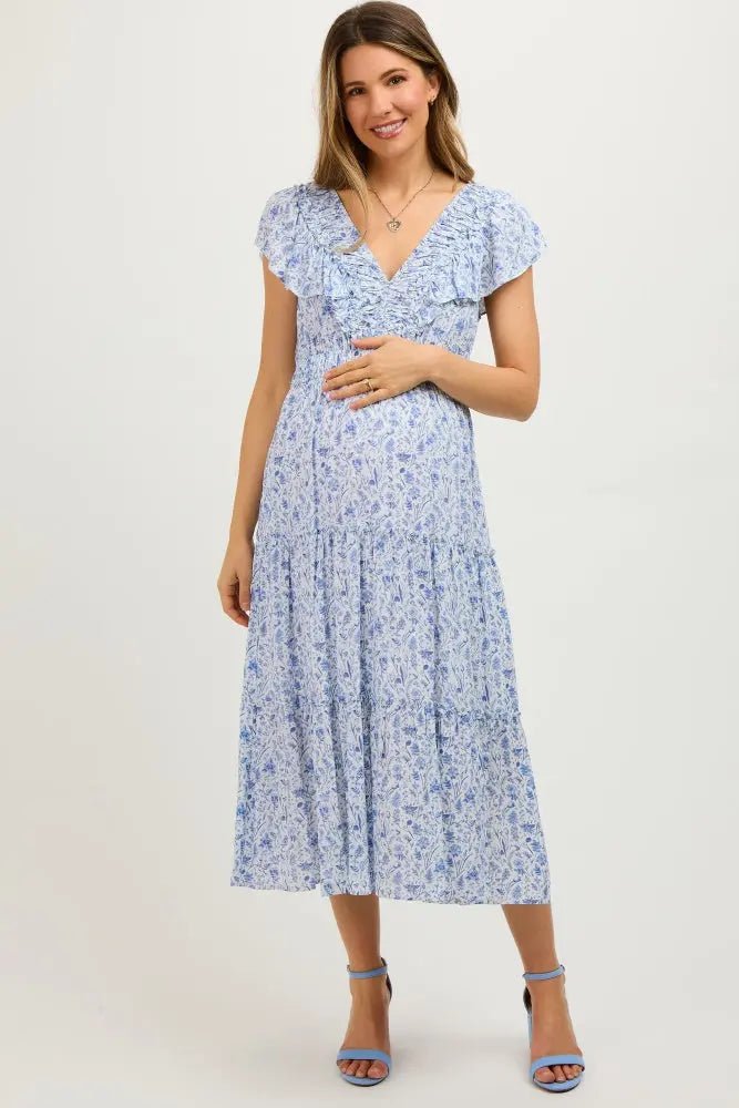 PinkBlush Blue Floral Front Ruched Ruffle Shoulder Tiered Maternity Midi Dress - 