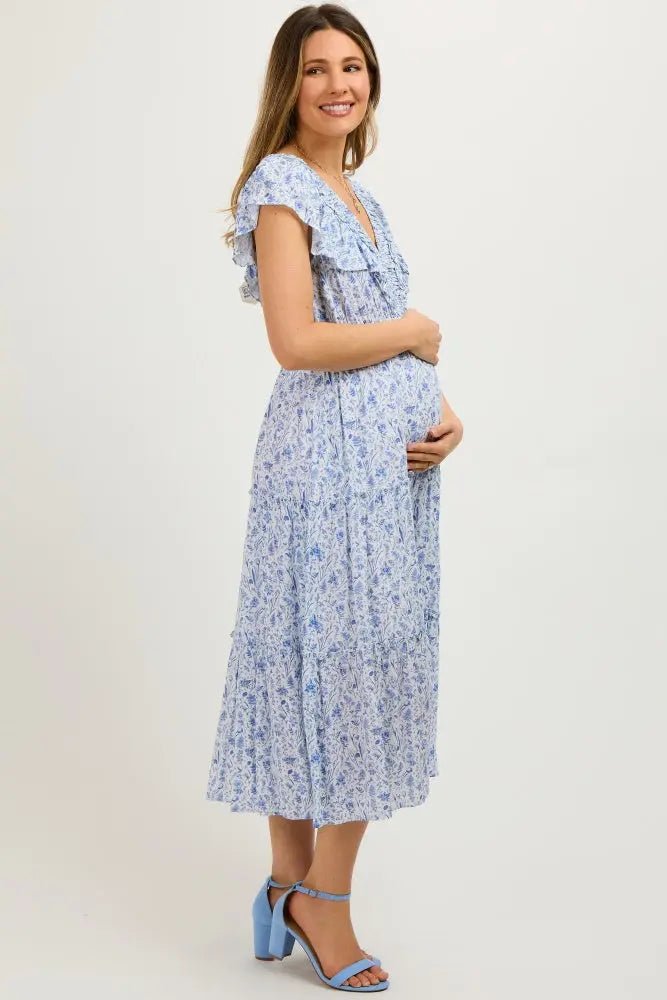 PinkBlush Blue Floral Front Ruched Ruffle Shoulder Tiered Maternity Midi Dress - 